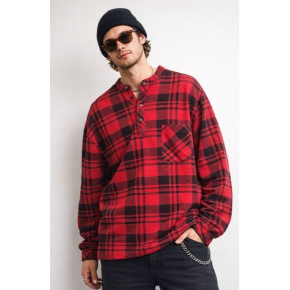 VTG 90s GAP Plaid Henley Pocket Oversized Longsleeve T-Shirt Medium Grunge Skate
